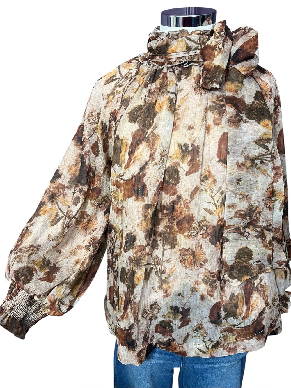 Umgee Fall Floral Balloon Sleeve Tie neck Blouse